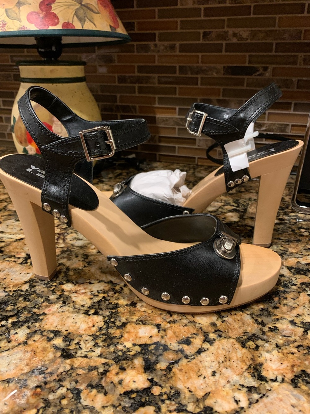 Black Studded Platform Heel Sandals with Beige Block Heel